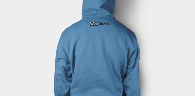 A person wearing a blue jacket with a hood up.